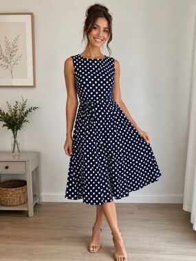 Suzy Shier Navy and White Polka Dot Sleeveless Midi Dress M